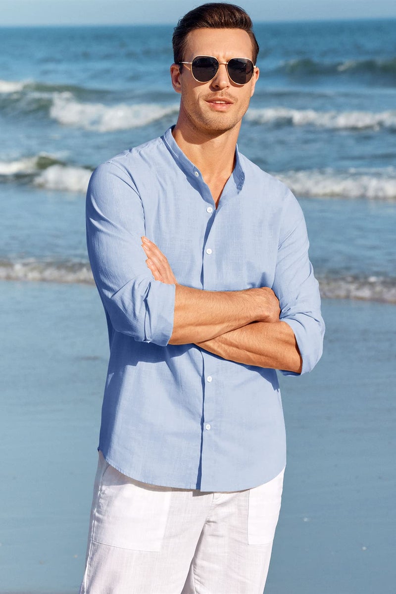 Makkrom Men Linen Shirt Button Down Long Sleeve Cotton Beach Band Collar Casual Summer Shirts - Image 2
